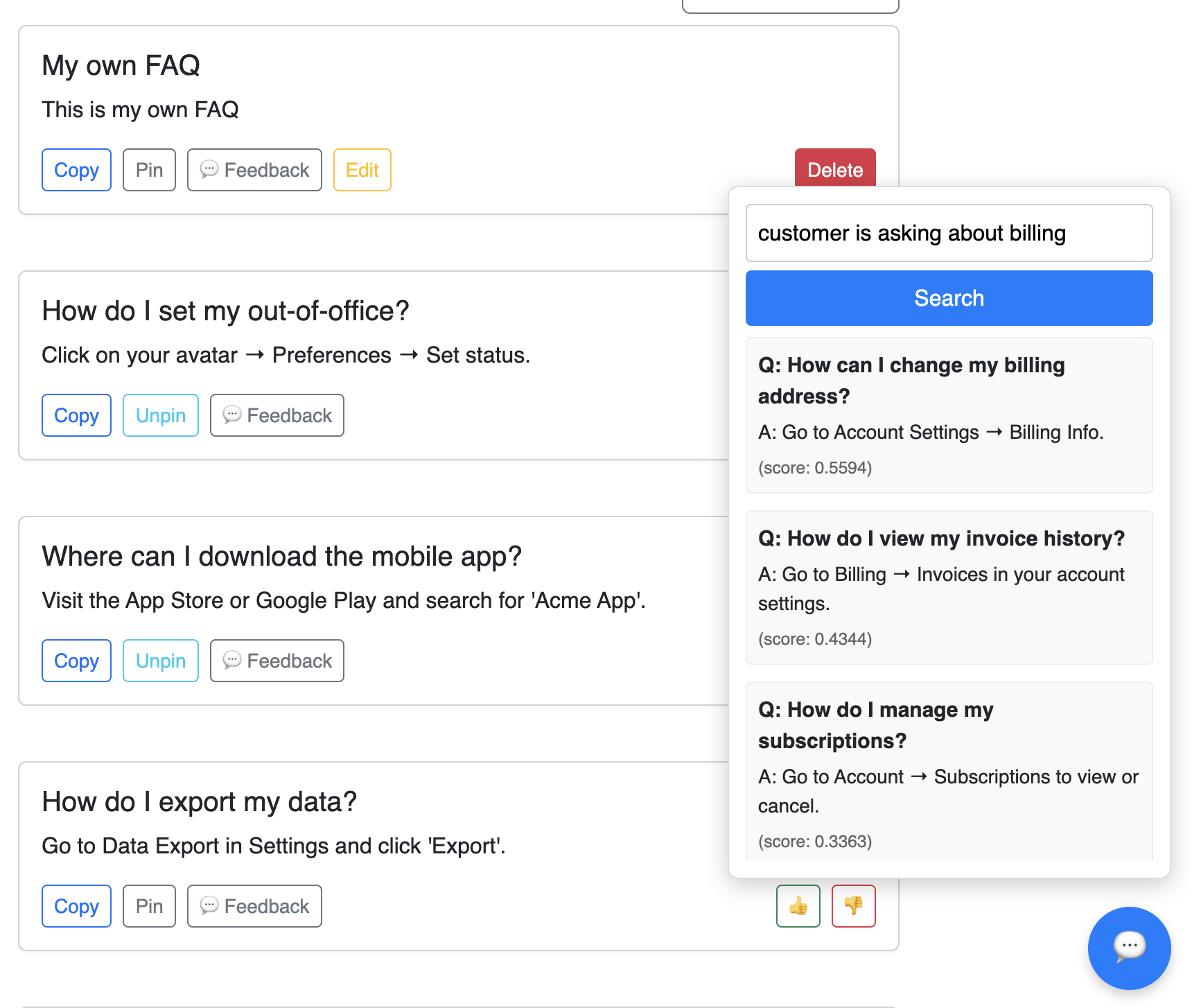 Screenshot of AI-powered FAQ generation interface