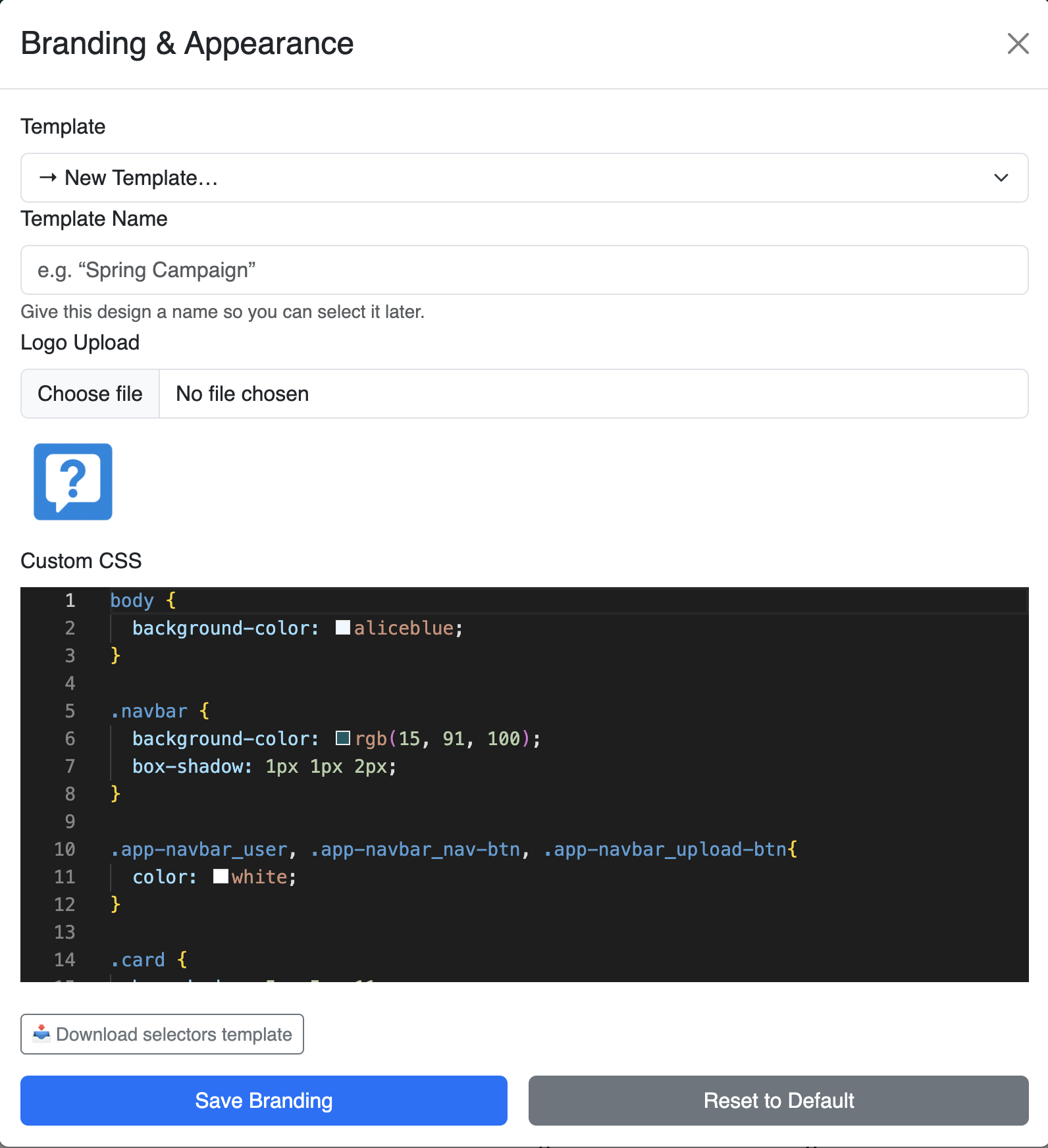 Screenshot of whitelabel customization editor