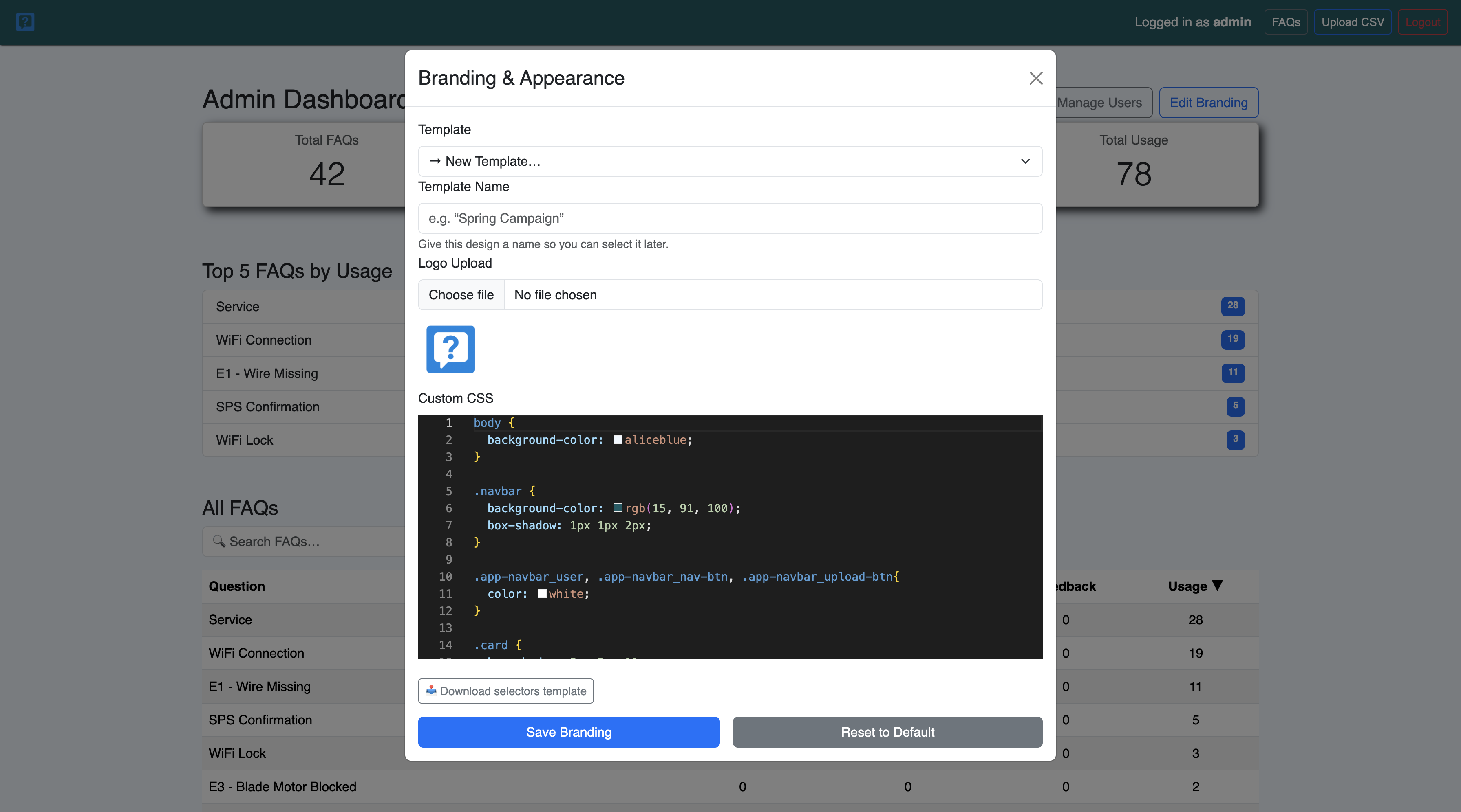 Branding appearance modal with logo and CSS editor
