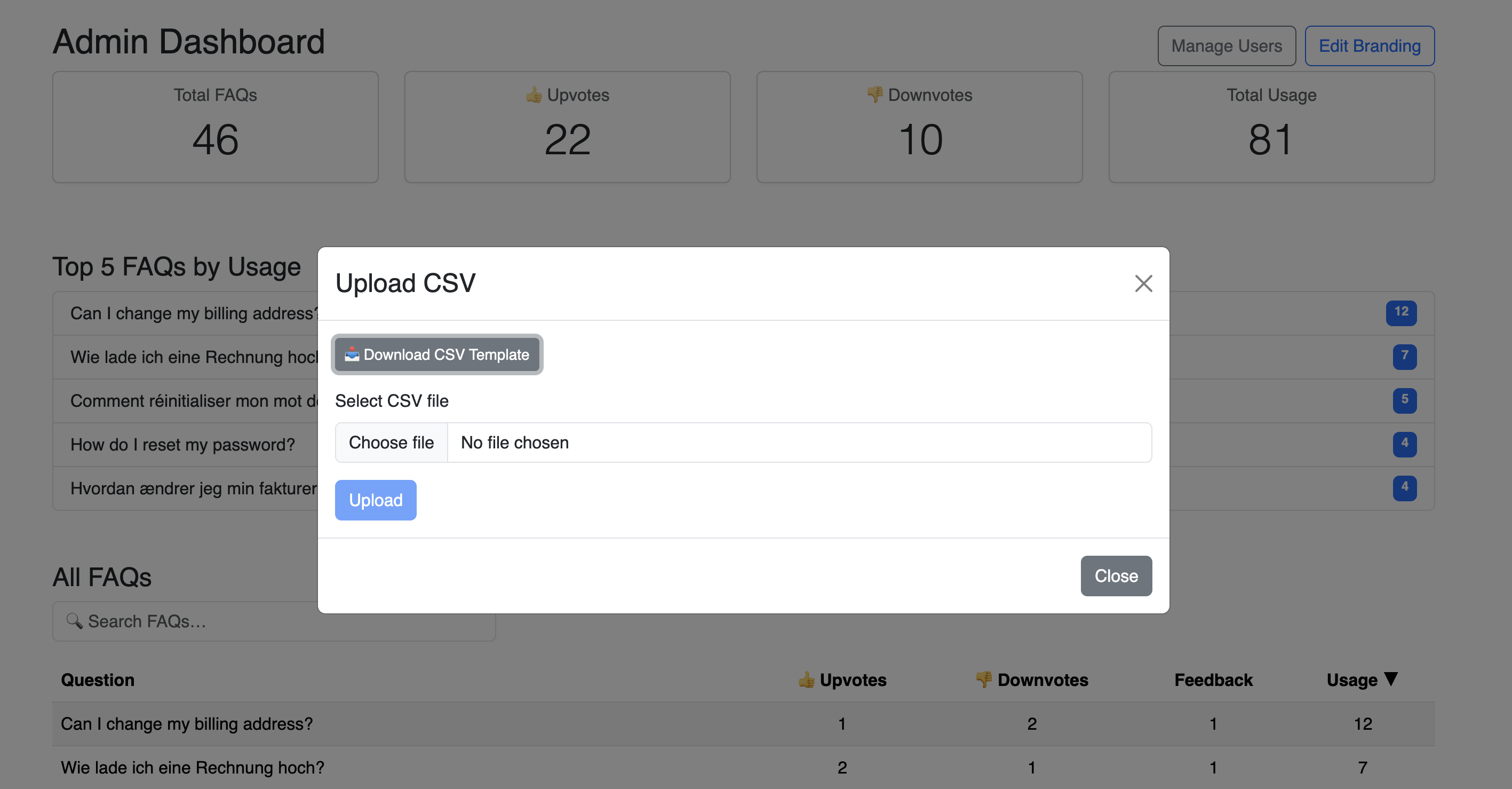 Screenshot of CSV upload dialog