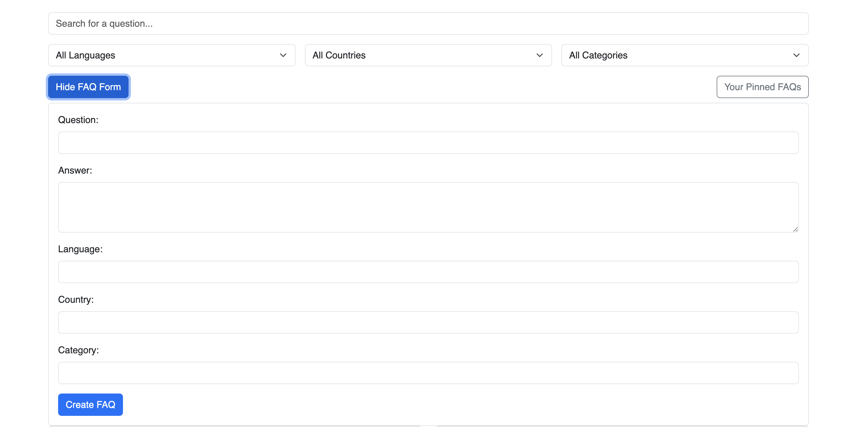 Screenshot of custom FAQ creation interface