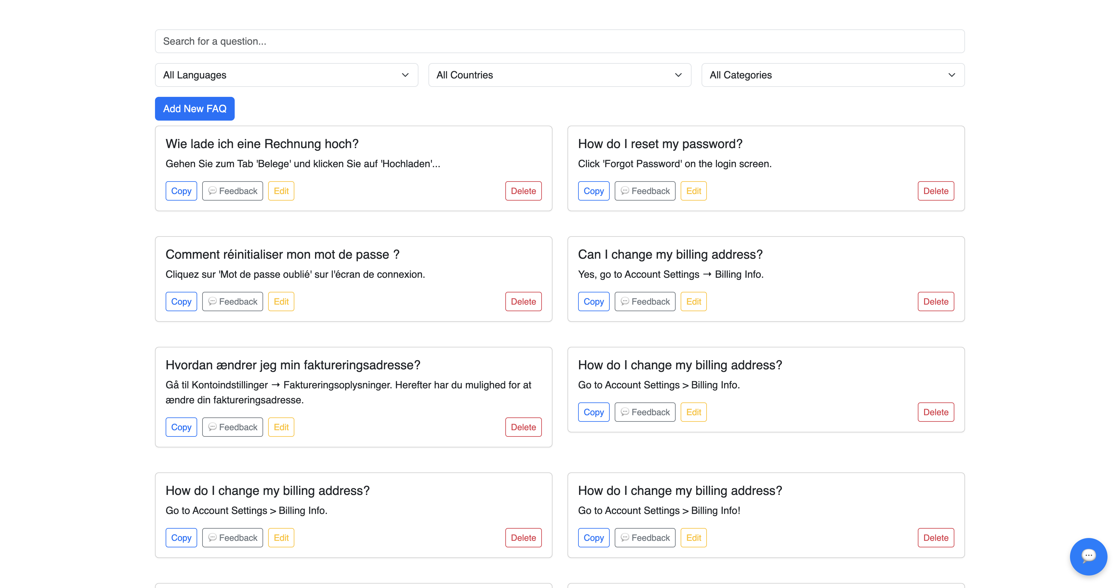 User FAQ interface showing search bar, FAQ list, and action icons