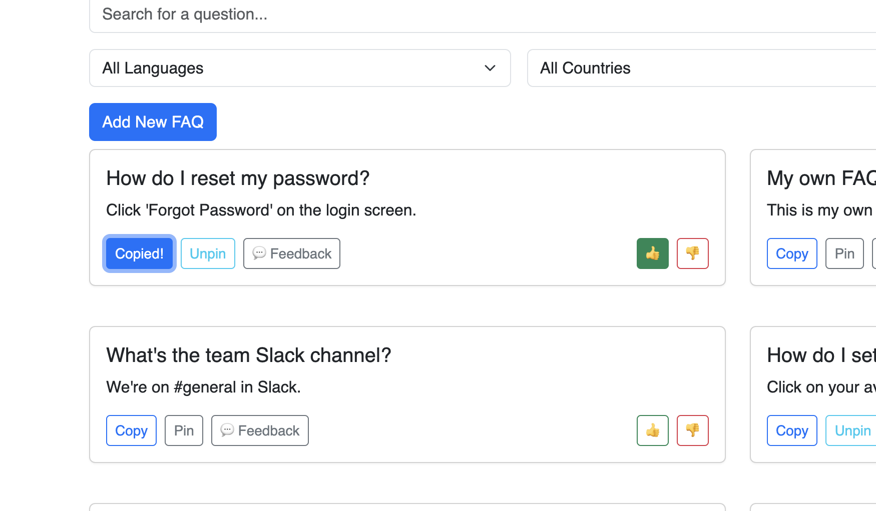 Screenshot of pinning FAQs to a personal list