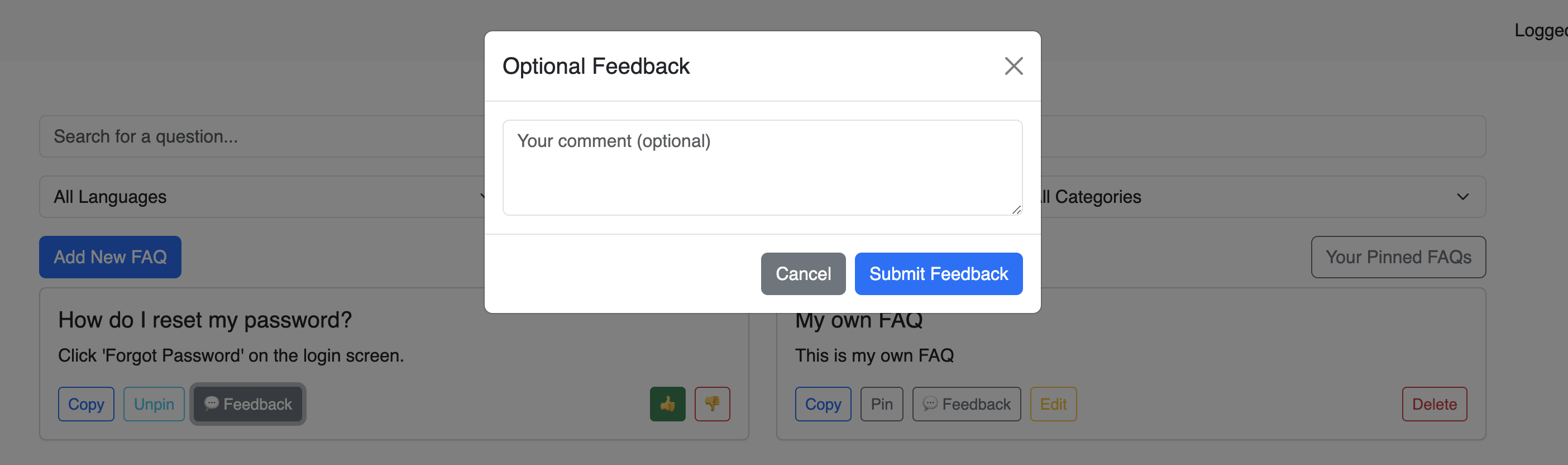 Screenshot of feedback and rating controls