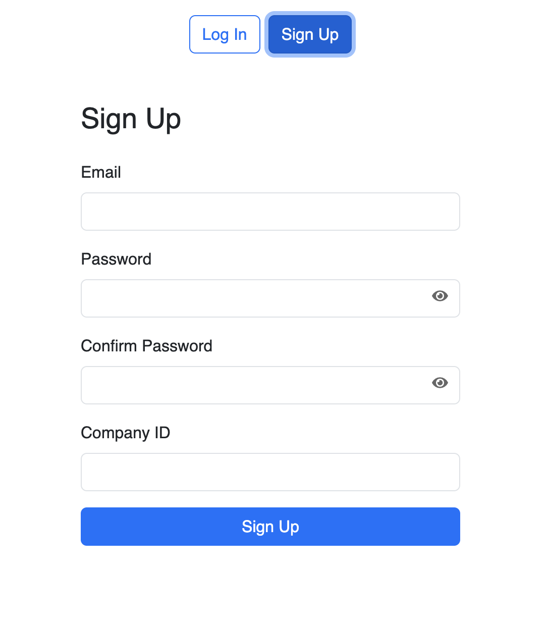 Sign-Up form fields for email, password, and Company ID